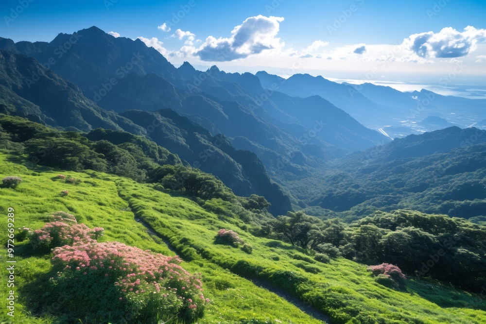 Naklejka premium Serene Anime Landscape Majestic Mountains