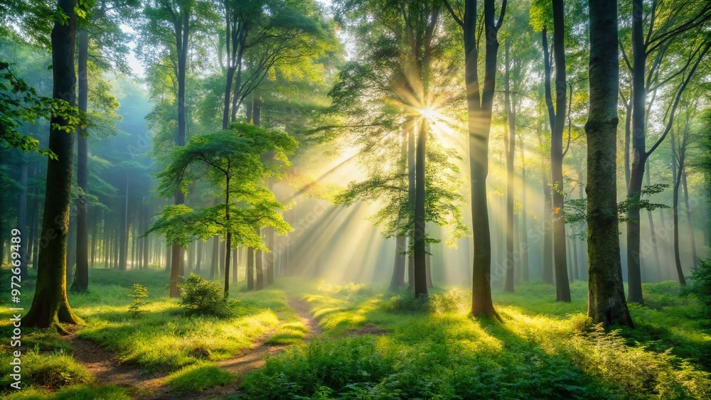 Serene and peaceful atmosphere of a misty morning in a lush forest, with gentle sunlight filtering through trees, Serene and peaceful atmosphere of a misty morning in a lush forest, with gentle sunlight filtering through trees,