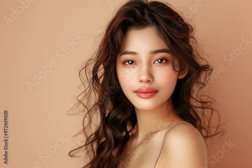 Wallpaper Mural Stunning Asian woman with long curly hair poses gracefully against a soft peach background in natural light Torontodigital.ca