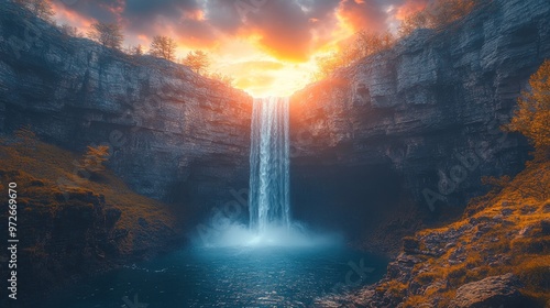 Fototapeta Naklejka Na Ścianę i Meble -  A serene waterfall cascading into a tranquil pool at sunset.