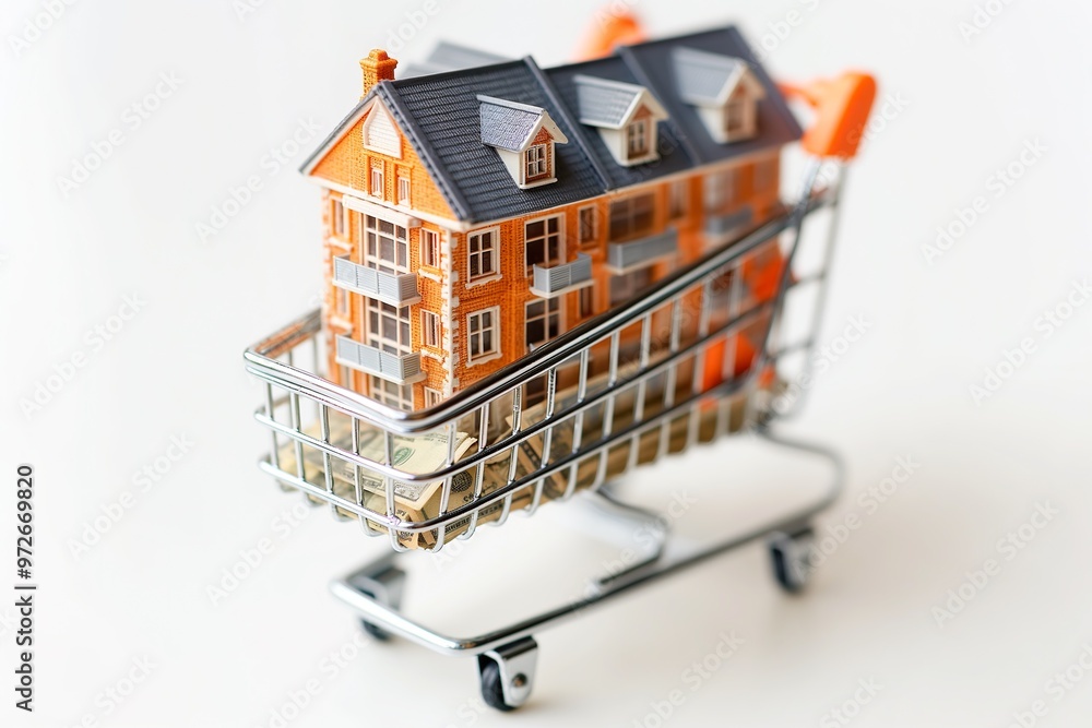 A miniature house in a shopping cart symbolizing the concept of real estate investment and home buying opportunities A miniature house in a shopping cart symbolizing the concept of real estate investment and home buying opportunities