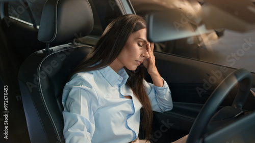 Frustrated stressed angry driver woman hit car steering wheel irritated angry Caucasian female worry traffic jam lateness business failure stress auto broken lost girl driving problem automobile crash