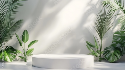 A white cylindrical platform sits in the center of a white background, surrounded by green plants casting shadows.