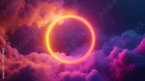 A vibrant neon glowing circle floating in the middle of a cloud of colorful mist.