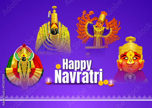 Set of Three and a half Shakti Peethas in maharastra. Goddess mahalaxmi, tuljabhavani, renuka, saptashrungi illustration for Happy Durga Puja offer, Discount, Sales Tags, Print, Banner, Web Banner