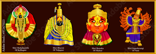 Set of Three and a half Shakti Peethas in maharastra. Goddess mahalaxmi, tuljabhavani, renuka, saptashrungi illustration for Happy Durga Puja offer, Discount, Sales Tags, Print, Banner, Web Banner photo