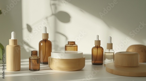 Close-up of natural, zero-waste packaging for beauty products, featuring bamboo and glass containers against a neutral background.