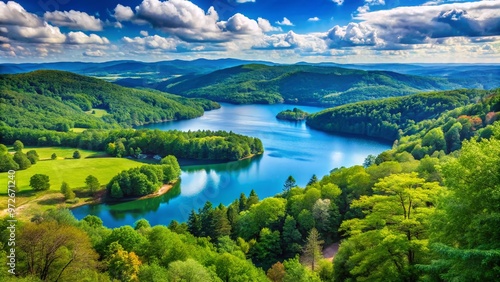 Serene landscape of rolling hills, lush green forests, and sparkling blue lake, offering a tranquil and breathtaking