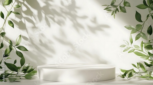 A white round podium sits on a white surface, framed by green leaves and the shadows they cast.