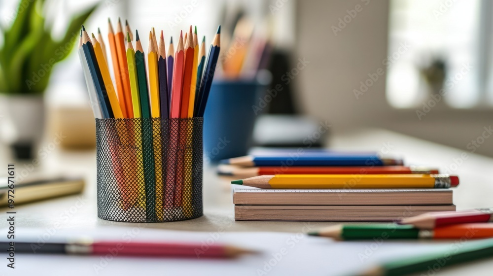 A stack of rulers placed next to colorful sketching pencils, on a clean art studio desk A stack of rulers placed next to colorful sketching pencils, on a clean art studio desk