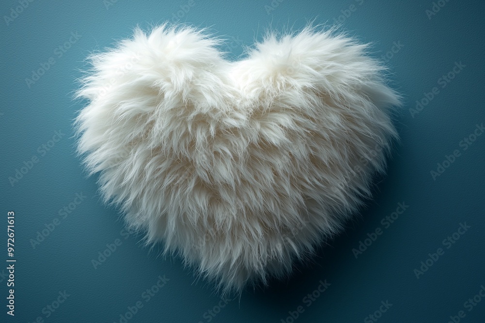 A fluffy white fur heart shape with a soft texture on baby blue minimal background A fluffy white fur heart shape with a soft texture on baby blue minimal background