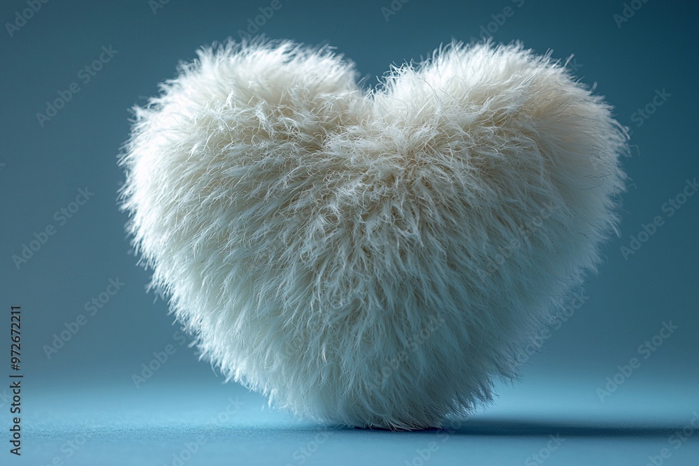 A fluffy white fur heart shape with a soft texture on baby blue minimal background A fluffy white fur heart shape with a soft texture on baby blue minimal background