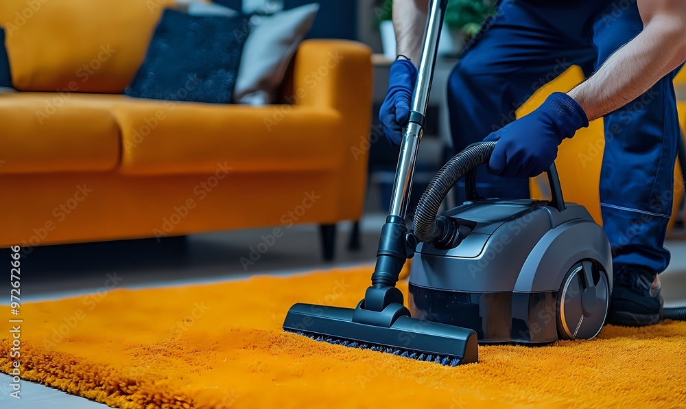 Fototapeta premium A person using a vacuum cleaner on a yellow carpet.