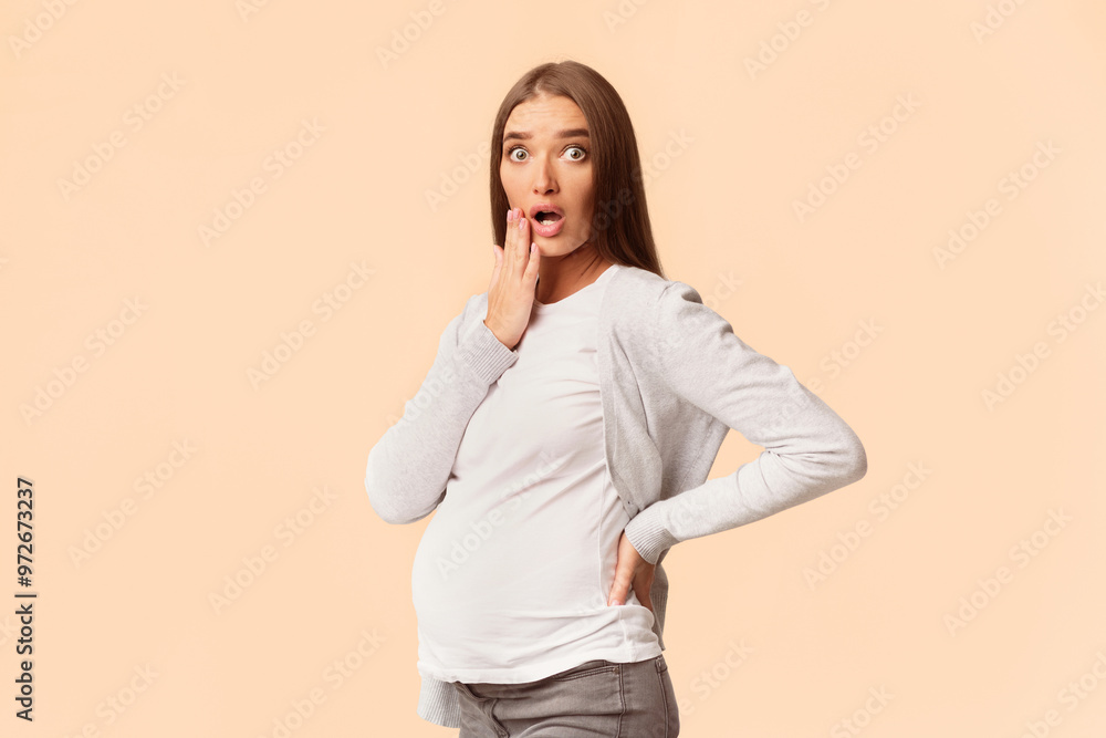 Surprised Pregnant Lady Touching Chin Looking At Camera Standing On White Studio Background. Copy Space Surprised Pregnant Lady Touching Chin Looking At Camera Standing On White Studio Background. Copy Space