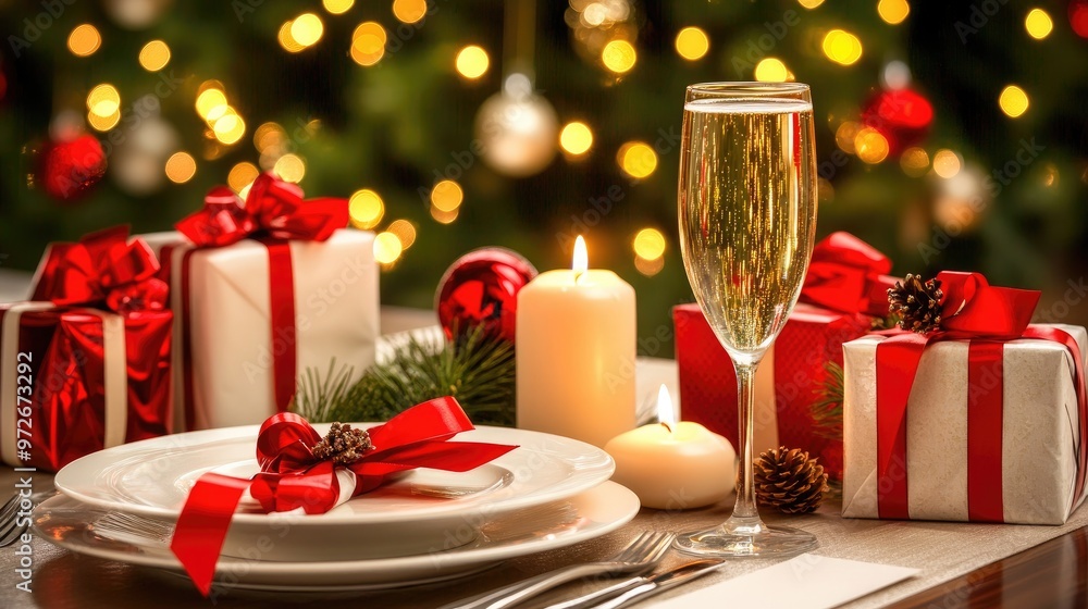 This festive table is elegantly adorned with champagne glasses, a ribbon-wrapped gift, and candles, creating a warm ambiance for Christmas celebrations by the tree This festive table is elegantly adorned with champagne glasses, a ribbon-wrapped gift, and candles, creating a warm ambiance for Christmas celebrations by the tree
