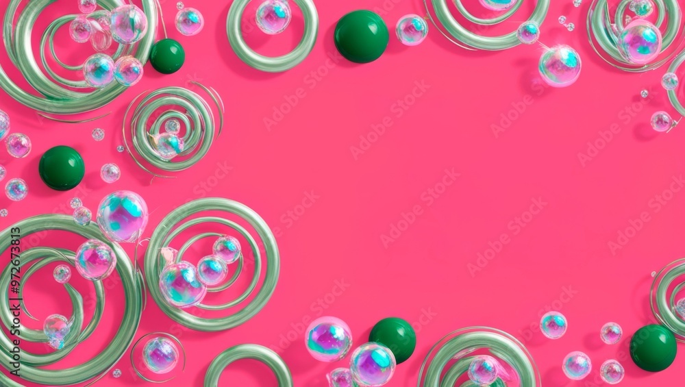 A vibrant abstract composition with swirling green rings and iridescent bubbles on a pink background A vibrant abstract composition with swirling green rings and iridescent bubbles on a pink background