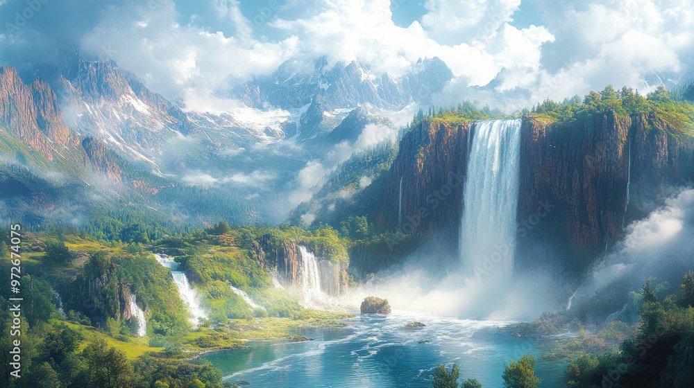 Fototapeta premium Serene landscape featuring majestic waterfalls and mountains.