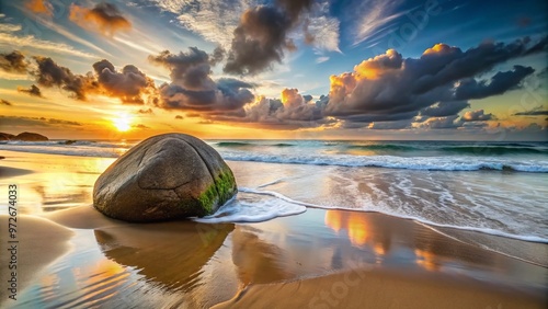 Serene scenic view of a massive boulder sitting alone on a deserted sandy beach at sunset, with gentle photo