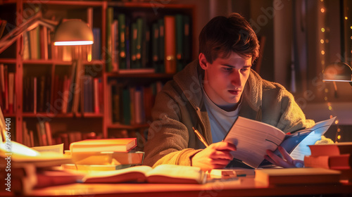 Focused young man studying late at night in a cozy room