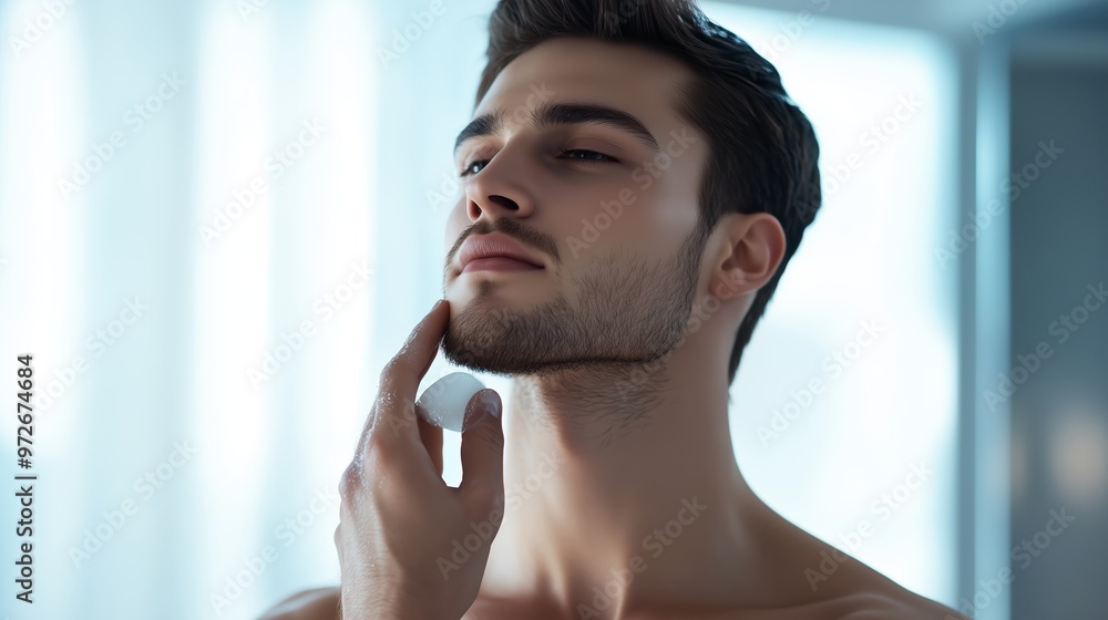 Young man applying skincare in a bright bathroom with large windows during the morning