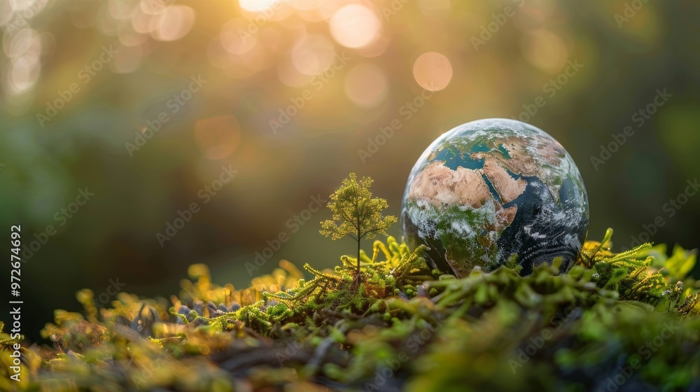 A small globe is placed on top of a patch of moss A small globe is placed on top of a patch of moss