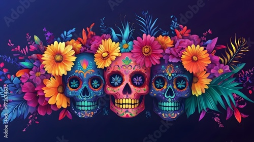 Mexican skulls with blooming flowers, colorful banner for Dia de los Muertos