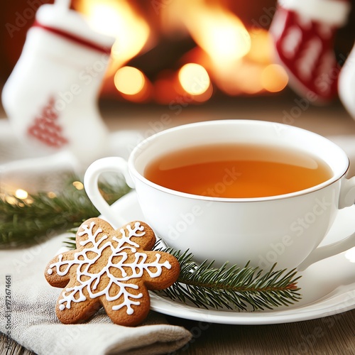 Warm tea and a gingerbread cookie by the fireplace create a cozy and festive holiday atmosphere.