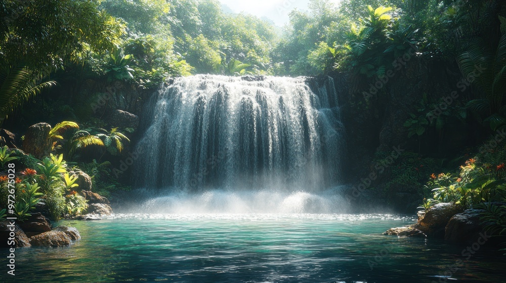 Lush waterfall surrounded by vibrant greenery and serene waters. Lush waterfall surrounded by vibrant greenery and serene waters.