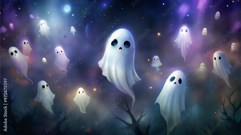 Cute cartoon ghosts floating in a mystical atmosphere with trees and stars Cute cartoon ghosts floating in a mystical atmosphere with trees and stars