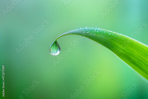 A close-up shot of a water droplet hanging off the edge of a grass blade, showcasing detail, natural beauty, and tranquility.