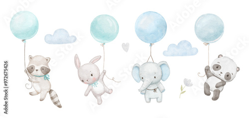Cute baby panda, elephant and raccoon are flying with blue balloons. Watercolor animals in clouds. Hand drawn illustrations set