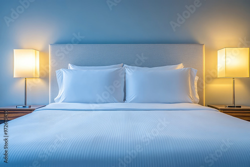 A modern bedroom with a large, well-made bed against blue walls, with two bedside lamps providing a soft, warm light. photo