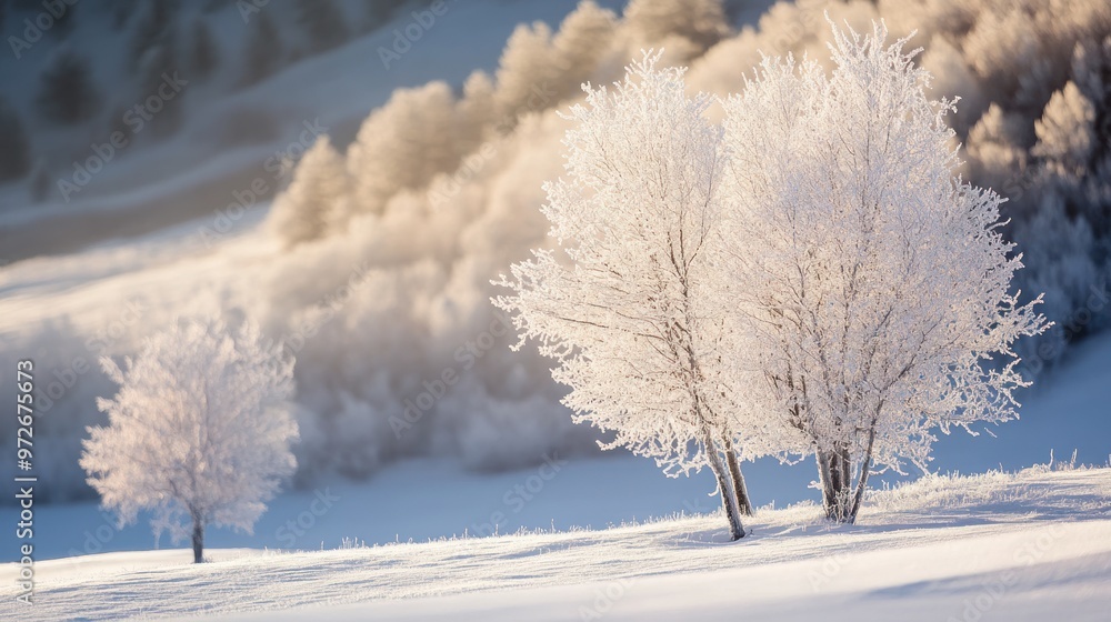 Obraz premium Winter Wonderland: Frost-Covered Trees in a Snowy Landscape