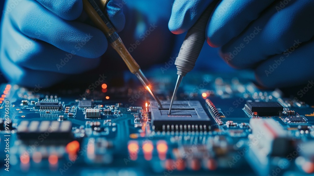 Close-up view of hands working on a circuit board with tools, highlighting the precision of electronic repairs and assembly. Close-up view of hands working on a circuit board with tools, highlighting the precision of electronic repairs and assembly.