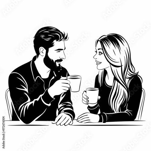 Young couple enjoying coffee together with smiles at a table in a cozy atmosphere.