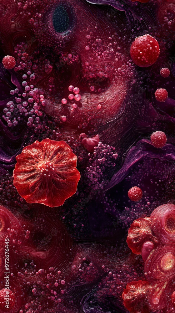Abstract red and purple organic shapes with bubbles and textures, creating a vibrant and otherworldly composition. Abstract red and purple organic shapes with bubbles and textures, creating a vibrant and otherworldly composition.