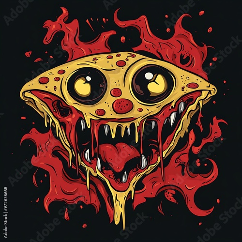 A Hungry, Animated Pizza Character With Sharp Teeth and Gooey Cheese photo