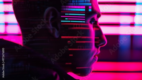 A man's profile silhouetted against a vibrant, pink, and blue neon light, with lines of code superimposed on his face. photo