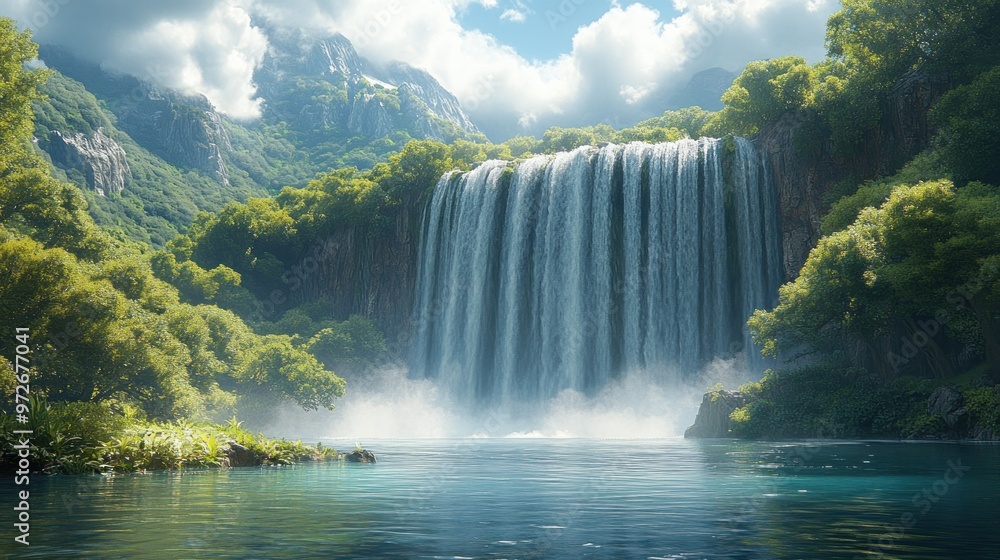 Fototapeta premium A serene waterfall cascading into a tranquil pool surrounded by greenery.