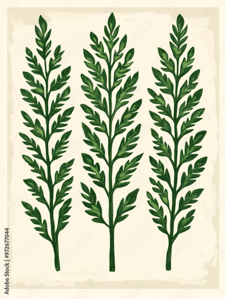 Botanical Illustration of Three Green Branches. Botanical Illustration of Three Green Branches.