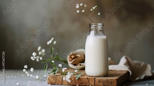 A rustic scene featuring a glass bottle of milk surrounded by delicate flowers on a wooden board, perfect for food and lifestyle themes. photo