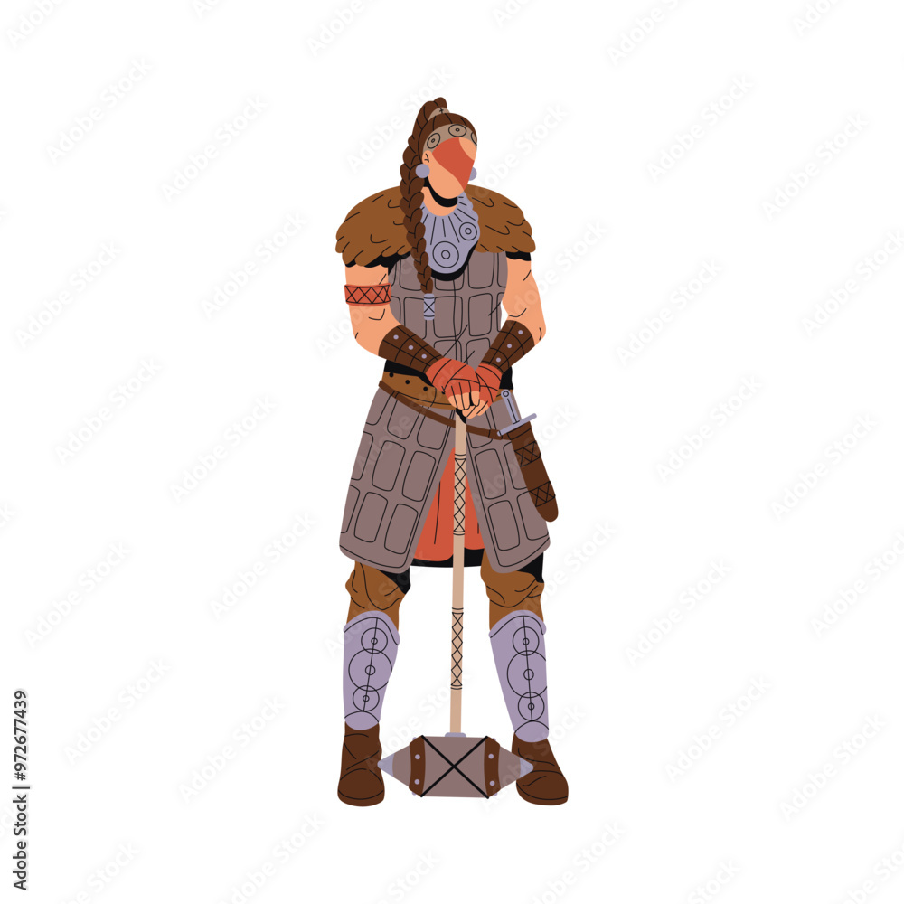 Barbarian woman with hammer. Viking in armour holds the weapon. Medieval Scandinavian warrior in animal skin. Ancient Nordic soldier in armor. Flat isolated vector illustration on white background Barbarian woman with hammer. Viking in armour holds the weapon. Medieval Scandinavian warrior in animal skin. Ancient Nordic soldier in armor. Flat isolated vector illustration on white background