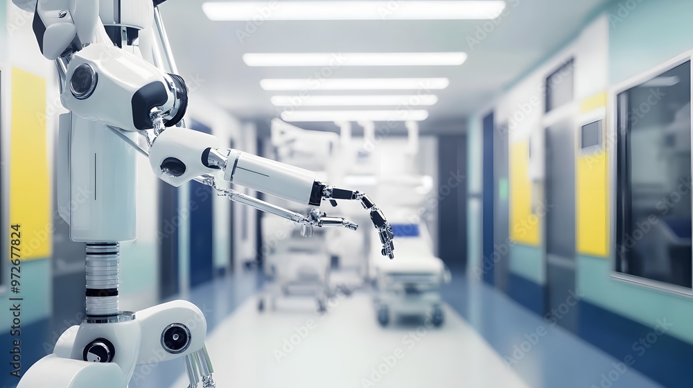 A robotic arm extends towards a blurred hospital hallway. A robotic arm extends towards a blurred hospital hallway.