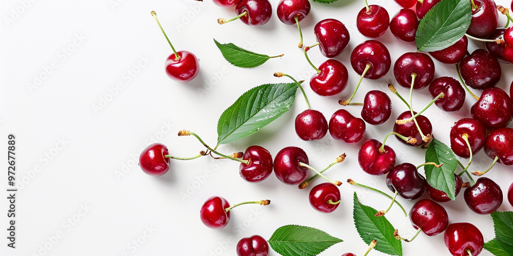 Fresh Red Cherries with Bee Approaching on White Background Fresh Red Cherries with Bee Approaching on White Background
