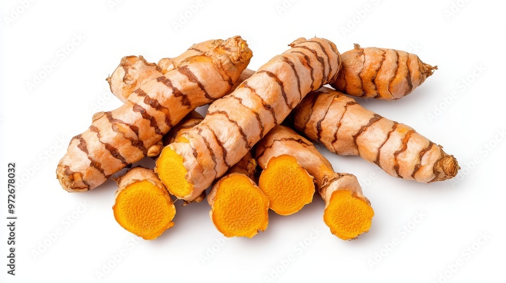 Fresh turmeric roots with vibrant orange flesh, known for their health benefits and culinary use. Fresh turmeric roots with vibrant orange flesh, known for their health benefits and culinary use.
