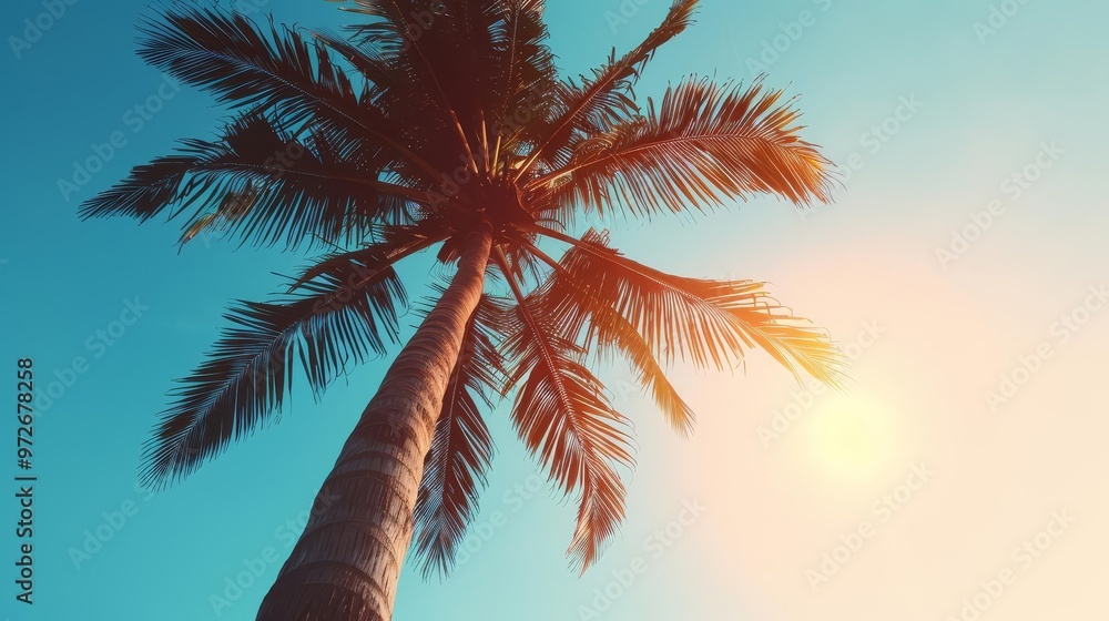 A lone palm tree stands tall against a vibrant blue sky, bathed in the golden glow of the setting sun. A lone palm tree stands tall against a vibrant blue sky, bathed in the golden glow of the setting sun.