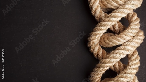 A thick rope coils against a dark background, creating a nautical and textured border. The rope is a natural color and has a rough texture. photo