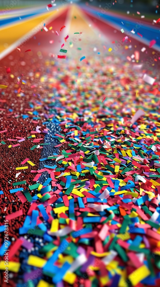 Obraz premium Hurdles cleared, the victor path is now strewn with confetti, each piece a testament to track mastery