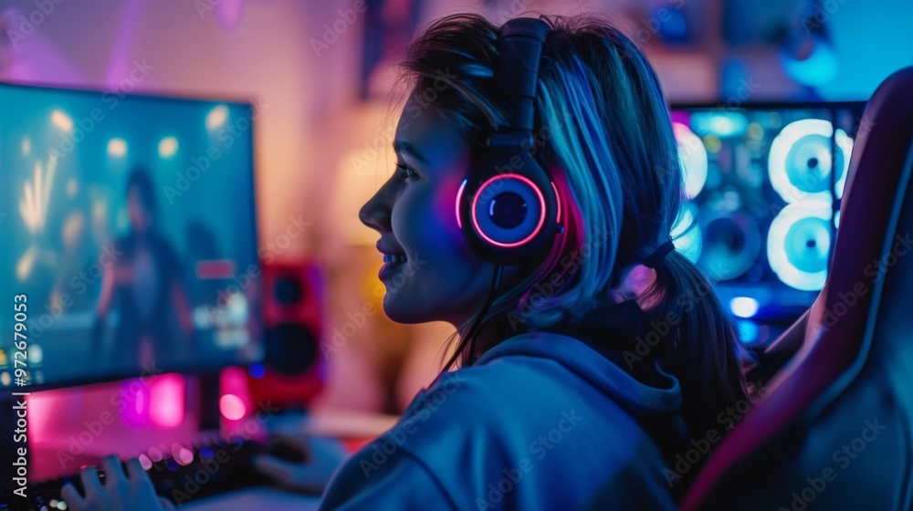 Young woman enjoying gaming in a vibrant room with colorful lights and multiple computer screens during the evening, fully immersed in her digital experience Young woman enjoying gaming in a vibrant room with colorful lights and multiple computer screens during the evening, fully immersed in her digital experience