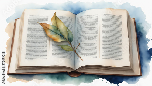 Aquarelle livre ouvert illustration histoire roman texte marque-page papier littérature école feuille automne.